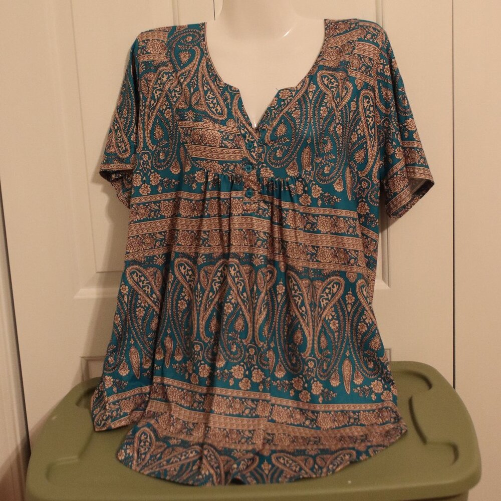 Halife Green Paisley Henley Pullover Short Sleeve Top Blouse Women's Size XXL